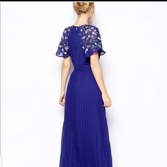 Asos cobalt beaded floral aline pleated maxi gown - Picture 2 of 8